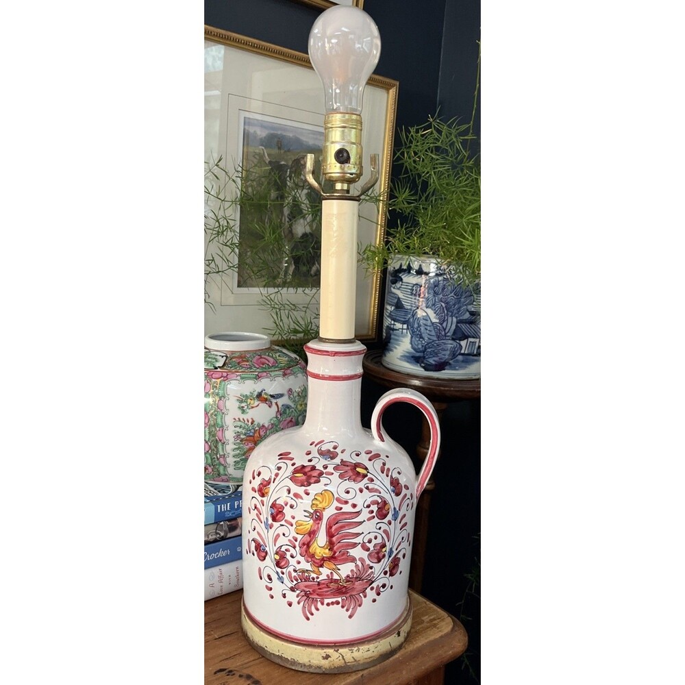 French Country Rooster Table Lamp Hand Painted Pottery - No Shade Red